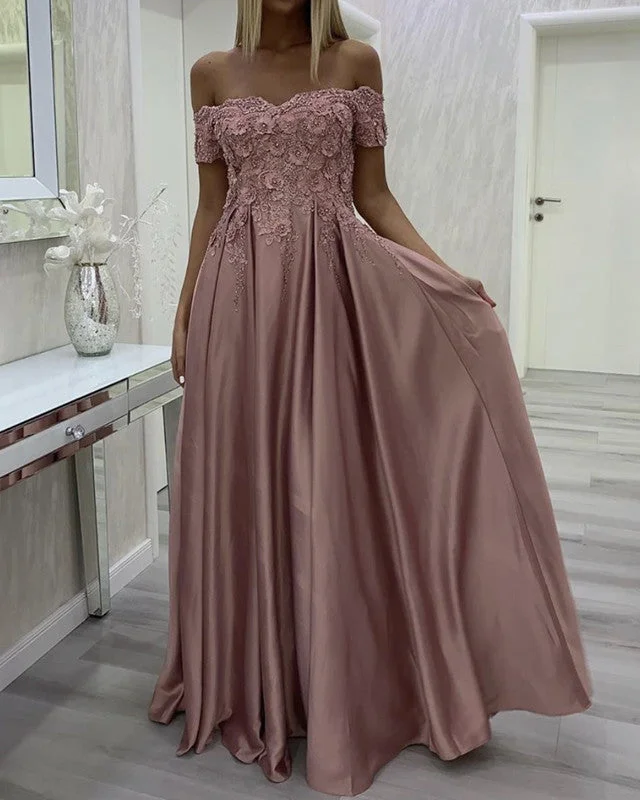 Lace Embroidery Evening Dress Long Satin Off Shoulder Tunics Prom sequined