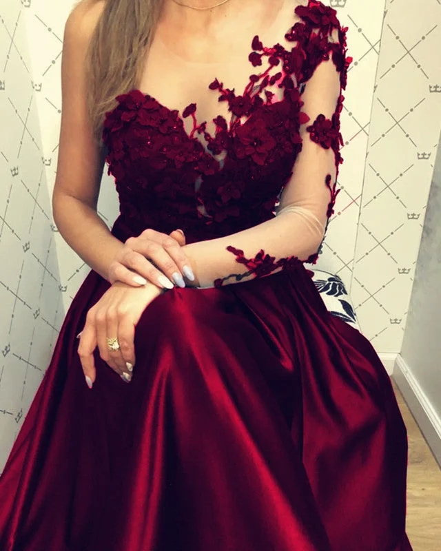 Lace Long Sleeves Satin Prom Evening Dresses One Shoulder Mermaid Tail Wedding