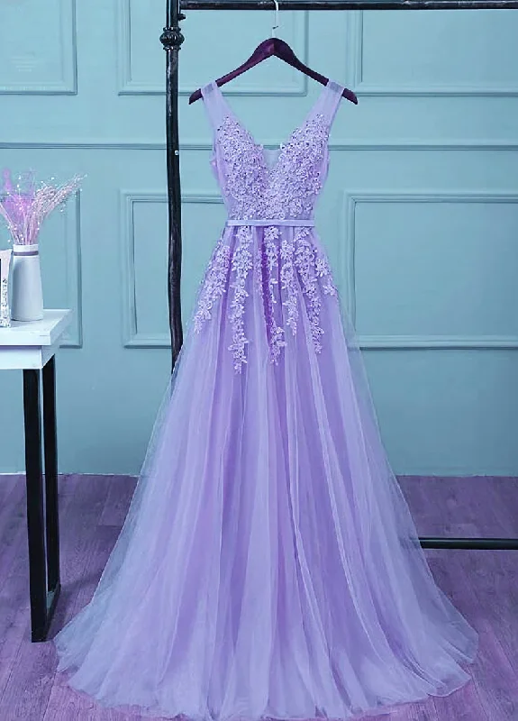 Light Purple Tulle Long Party Dress , A-line Bridesmaid Dress Tunics Brand named