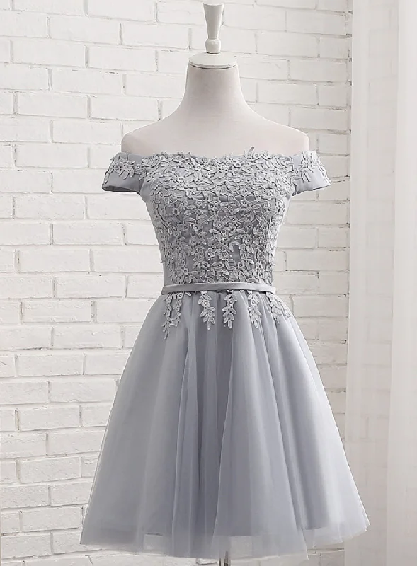 Lovely Grey Short Tulle Party Dress with Lace Applique, Bridesmaid Dresses  Cute Formal Dress Tunics Practical durable