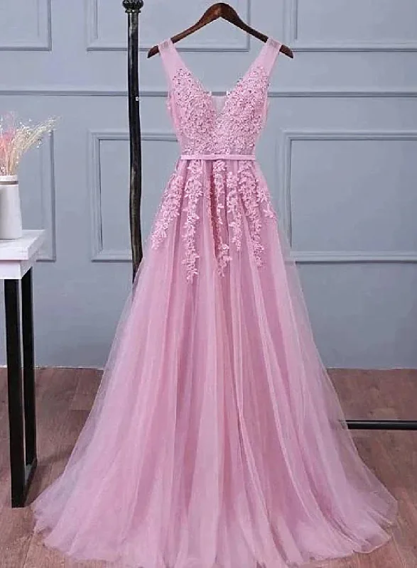 Lovely Pink V-neckline Long Party Dress ,Tulle Bridesmaid Dress Tunics Sale discount