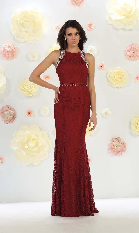 May Queen Rhinestone Embellished Lace Evening Dress MQ1475 - 1 pc Burgundy In Size 8 Available Tunics Seasonal trendy