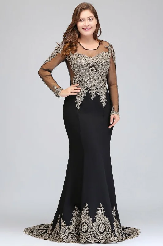 Mermaid Crew Floor Length Plus size Long Sleeves Evening Dresses with Appliques Tunics Stylish modern