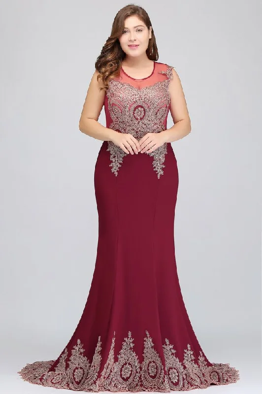 Mermaid Crew Floor Length Sleeveless Appliques Burgundy Evening Dresses Tunics Review highly