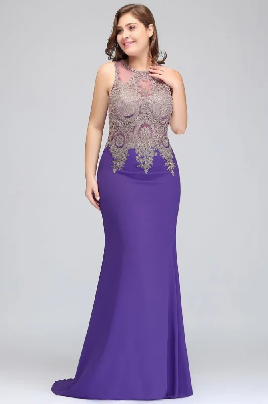 Mermaid Crew Floor Length Sleeveless Plus size Evening Dresses with Appliques Sequined Elegant Party