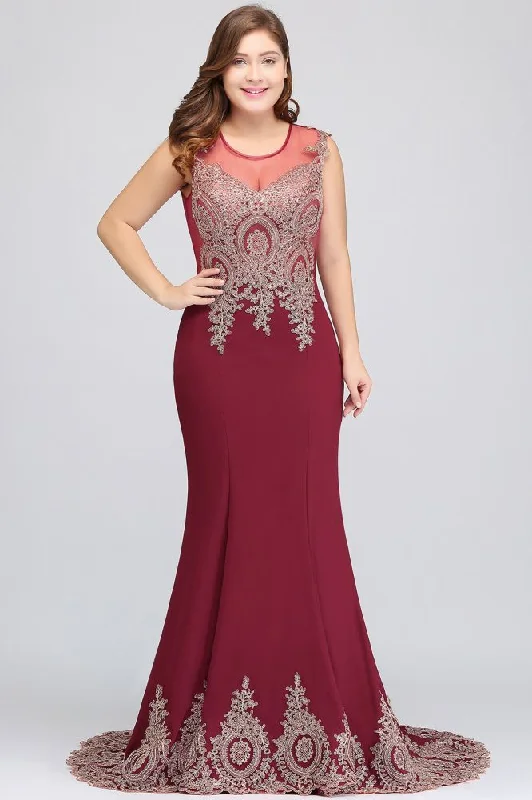 Mermaid Crew Sweep Train Sleeveless Appliques Burgundy Evening Dresses Tunics New arrival