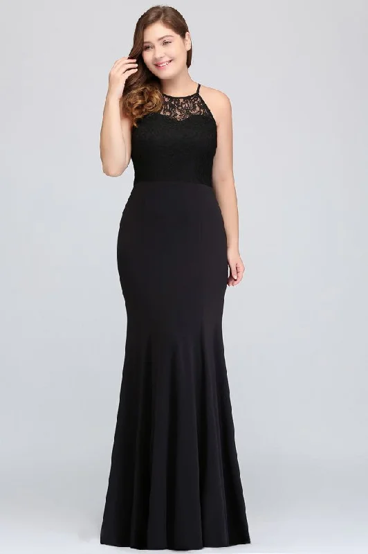 Mermaid Halter Floor Length Plus size Black Evening Dresses with Lace Bodycon Fitted Nightout