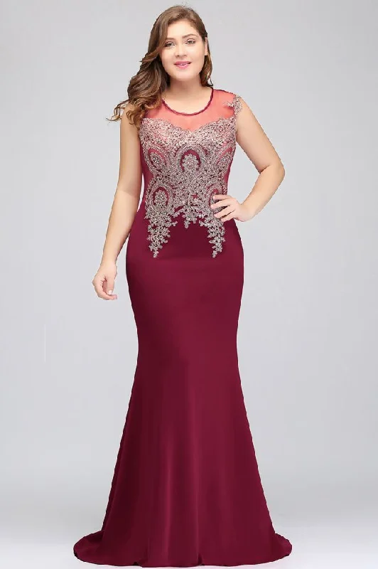 Mermaid Scoop Floor Length Plus size Sleeveless Appliques Burgundy Evening Dresses Tunics Recommended stylist