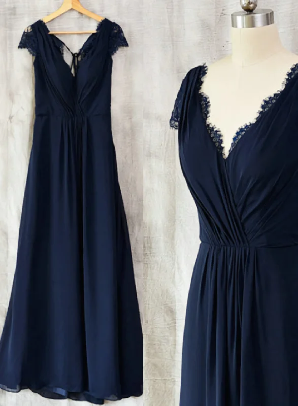 Navy Blue Chiffon with Lace A-line Long Bridesmaid Dress, Wedding Party Dress Tunics Modern contemporary