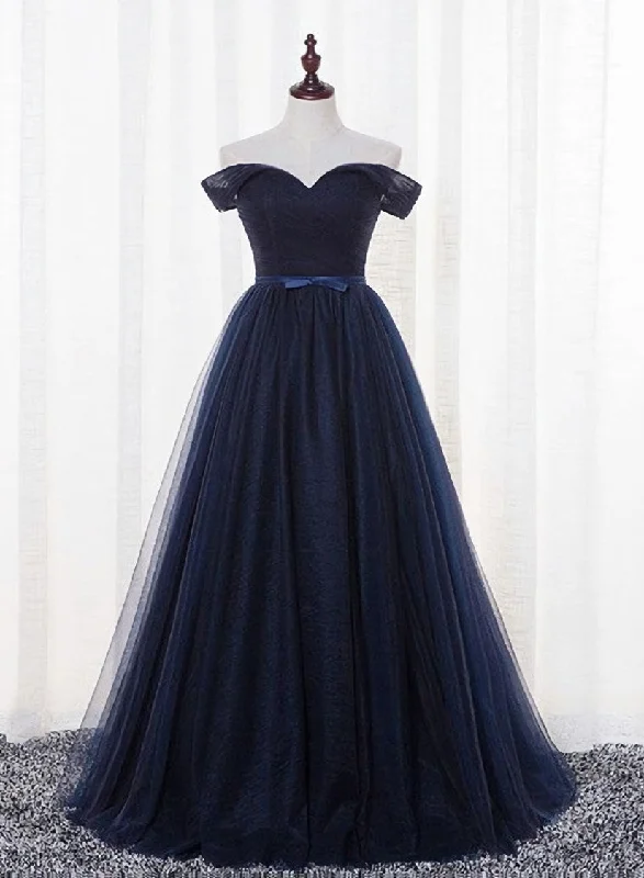 Navy Blue Tulle Long Party Dress, Simple Off Shoulder Blue Bridesmaid Dress Tunics Versatile functional