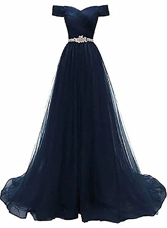 Off Shoulder Navy Blue Party Dress, A-line Tulle Blue Bridesmaid Dress Tunics Spring floral