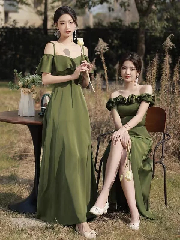 Off Shoulder Prom Dress, Luxury Satin Party Dress, Green Bridesmaid Dress Boatneck Modish Everyday