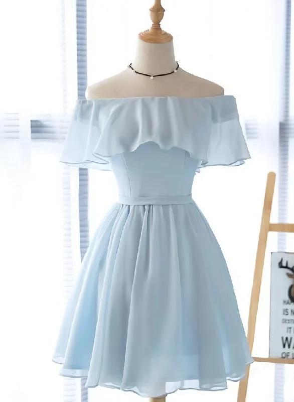 Off Shoulder Simple Short Bridesmaid Dress, Lovely Blue Chiffon Party Dress Tunics Sophisticated sleek