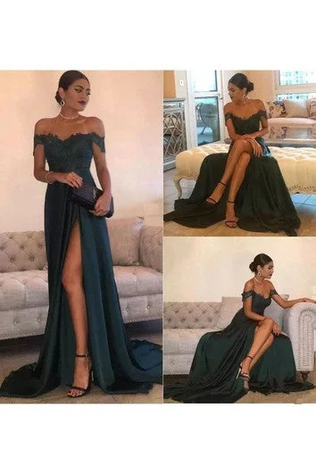 Off-the-shoulder A-line Floor-length Court Train Sleeveless Chiffon Lace Evening Dress with Zipper Back Tunics Fashionable trendy