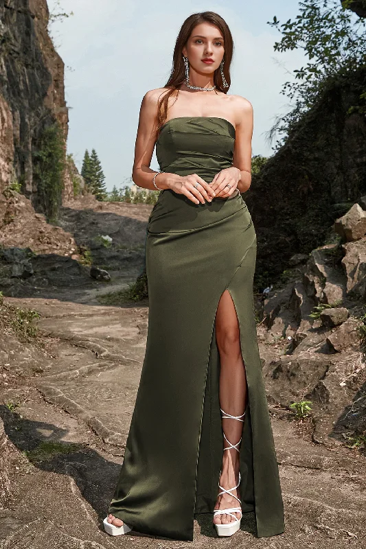 Olive colored front slit strapless long wedding party dress Tunics Short Trendy