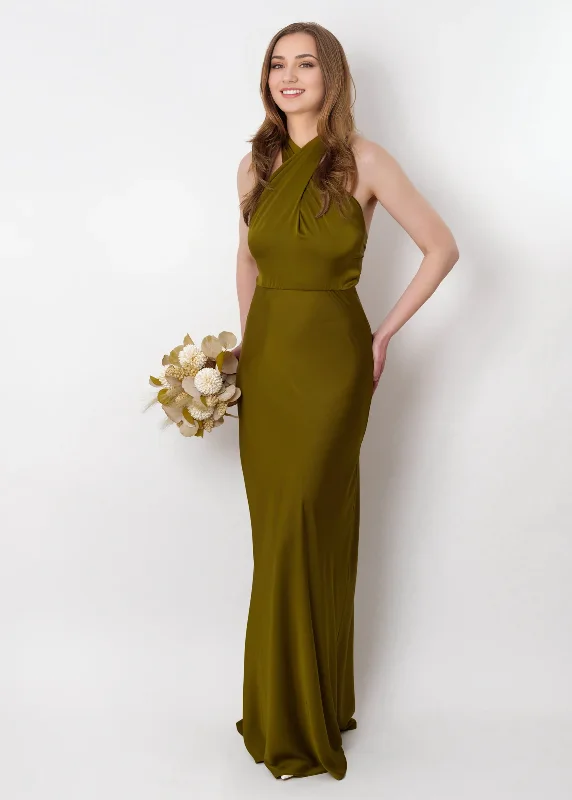 Olive Silk Long Halter Open Back  Bridesmaid Dress Wedding Guest Dress Evening Dress Tunics Occasion special