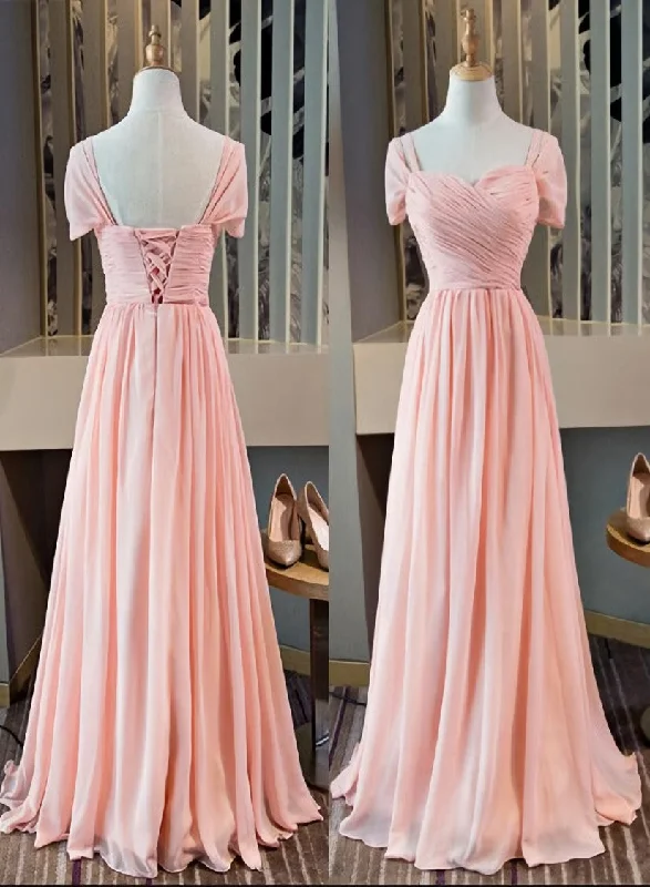 Pink Chiffon Cap Sleeves Long Bridesmaid Dress, Floor Length Pink Party Dress Tunics Winter warm