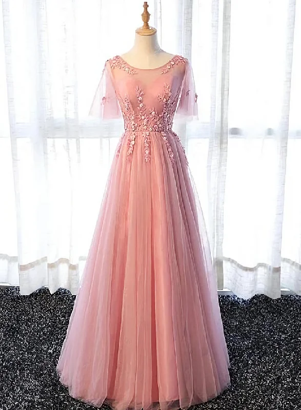 Pink Tulle A-line Long Party Dress, Pink Bridesmaid Dress Tunics Designer luxury