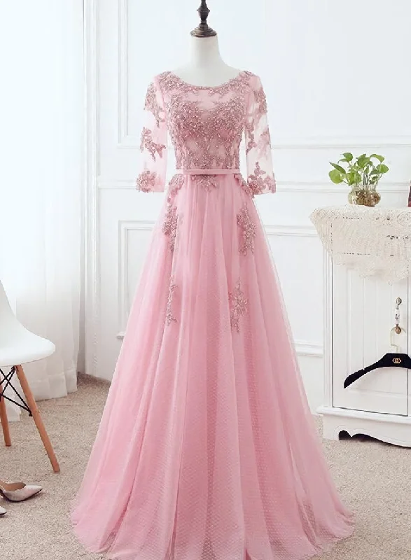 Pink Tulle Elegant Party Dress with Lace, Pink A-line Formal Dress Bridesmaid Dress Tunics Wedding white