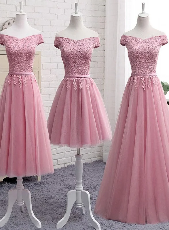 Pink Tulle Long Party Dress , Cute Off Shoulder Bridesmaid Dresses Tunics Chic fashionable