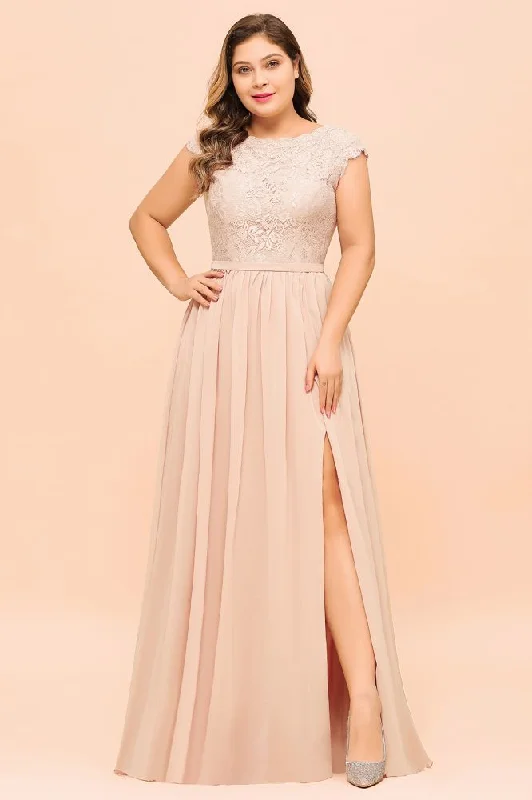 Plus Size Lace Pearl Pink Bridesmaid Dress Short Sleeves Side Split Wedding Party Dress Tunics Formal black