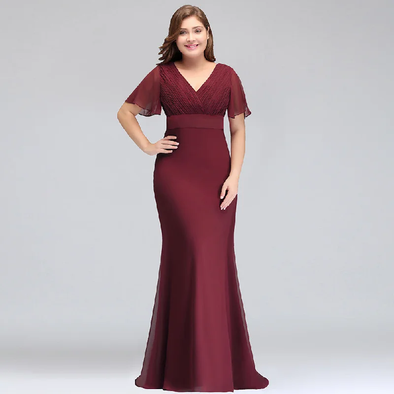 Plus size V-neck Mermaid Floor Length Short Sleeves Burgundy Evening Dresses with Sash A-Line Day Work