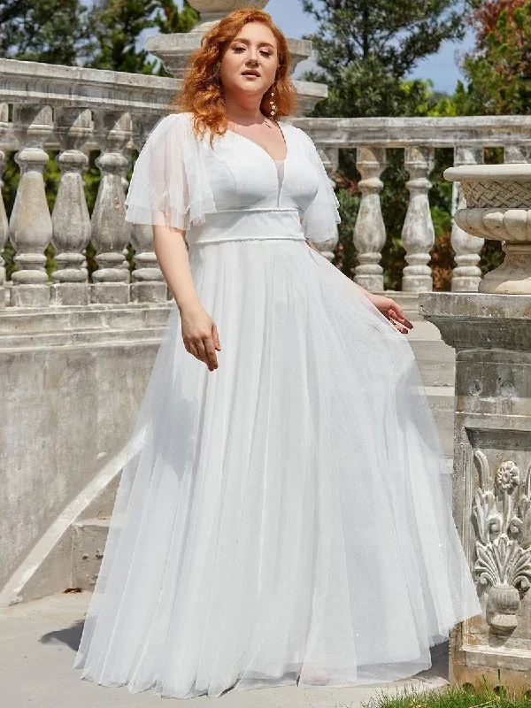 Plus Size Wholesale Tulle Evening Dress with Deep V Neck empire Waist empire