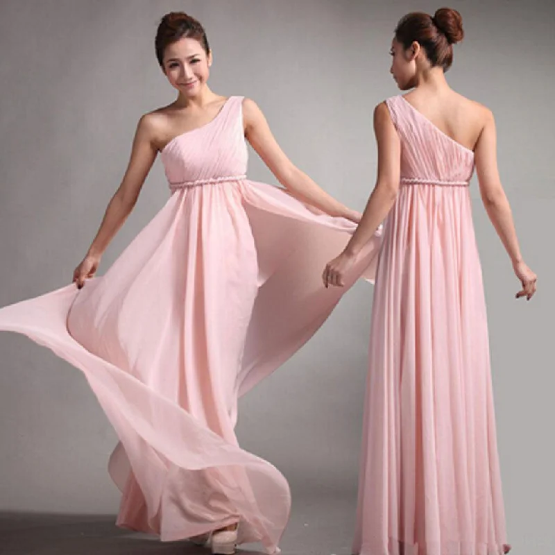 Popular Junior One Shoulder Pink Chiffon Simple Cheap Long Pleating Wedding Party Dress Hot Sale Bridesmaid Dresses, WG49 sweetheart Neckline Romantic