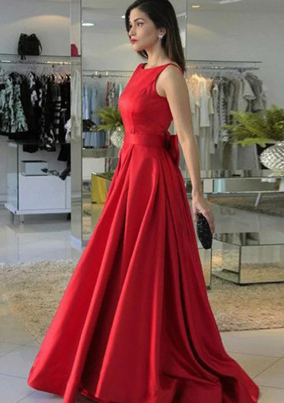 Sleeveless Open V Back Sweep Satin Formal Bridesmaid Evening Dress, Bow Tunics Running lightweight