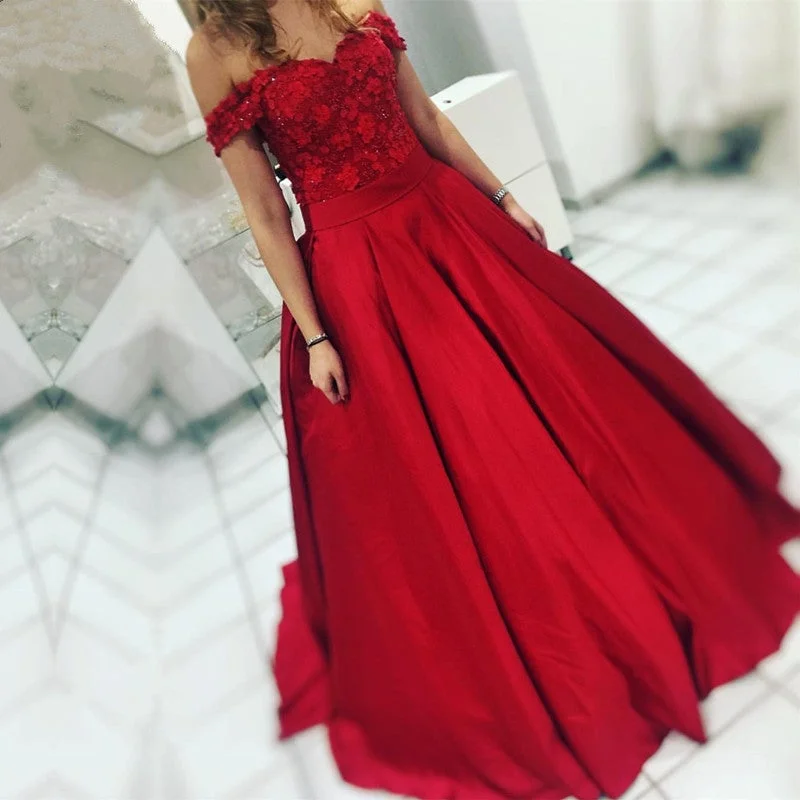 Red Satin Floor Length Ball Gown Evening Dresses Off The Shoulder Tunics Designer luxury