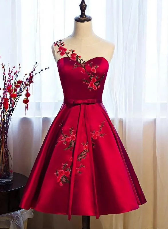 Red Satin Knee Length Party Dress, Cute Bridesmaid Dress Tunics Versatile stylish