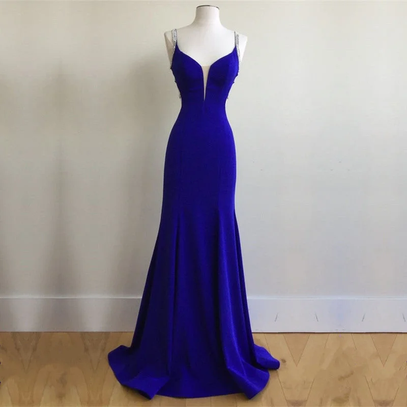 Royal Blue Satin V Neck Mermaid Evening Dresses With Cross Back Tunics Exclusive limited