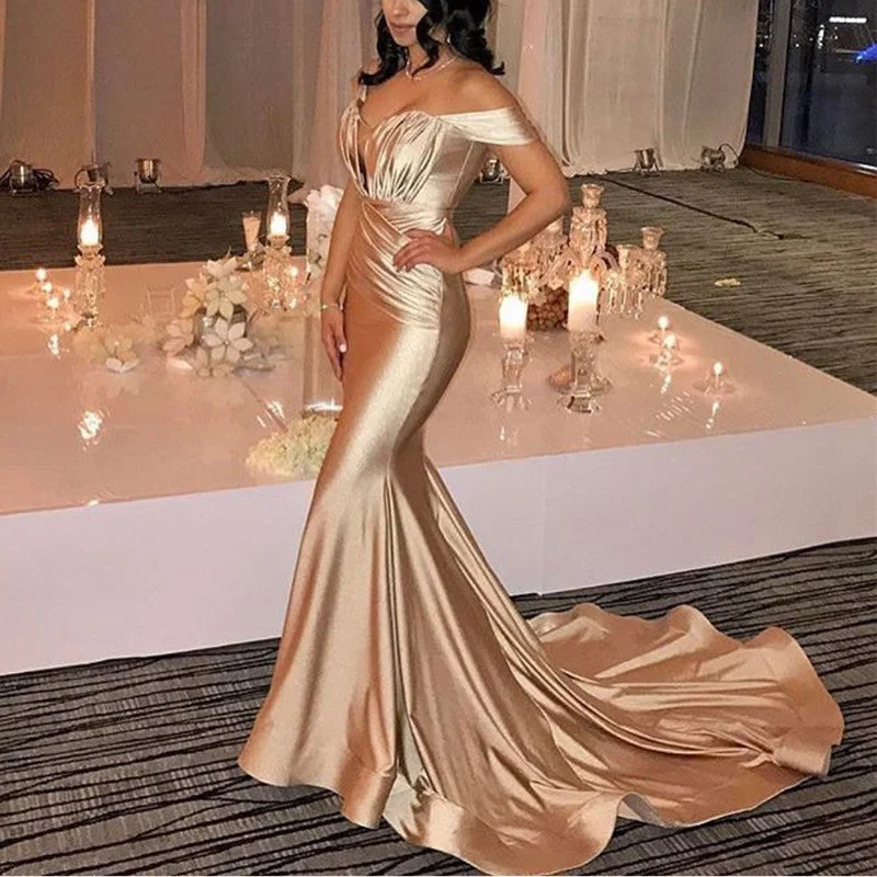 Ruched Sweetheart Long Champagne Satin Mermaid Evening Dress Glittery Long Formal