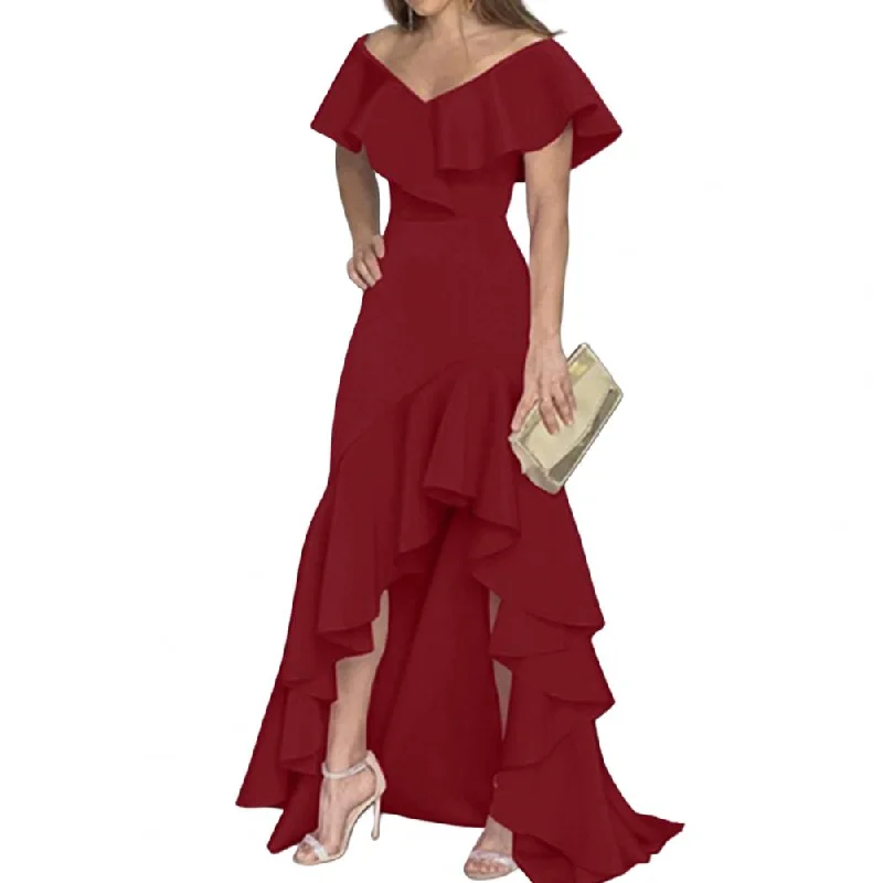 Ruffle Off Shoulder Maxi Evening Party Dress with high low hem Tunics Polka dots