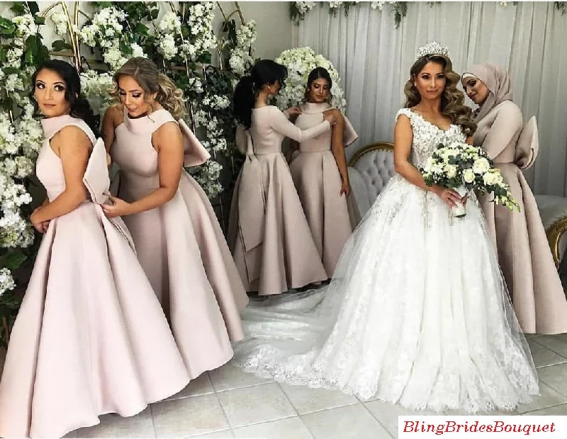 Satin Ankle Length Bridesmaid Gowns Wedding Party Dresses With Big Bow Tunics Lace romantic