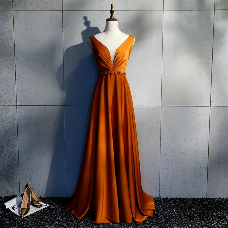 Satin evening Dresses,Orange prom dress, Sexy party dress, V-neck fomal Dresses Crew Neckline Casual