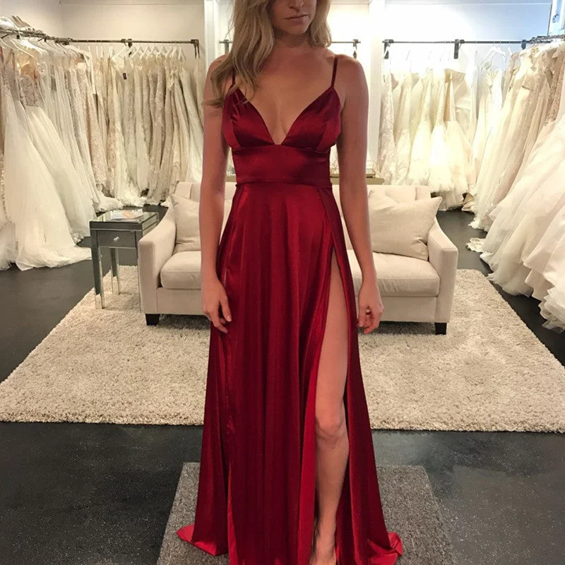 Sexy Deep V Neck Long Satin Burgundy Evening Dresses Tunics Stylish modern