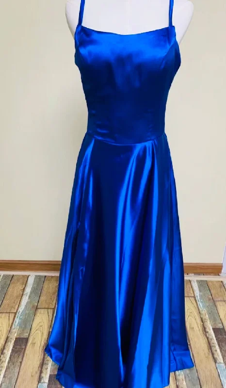 spaghetti straps evening dress,royal blue party dress,sexy maxi dress, glossy satin dress Crew Neckline Sporty