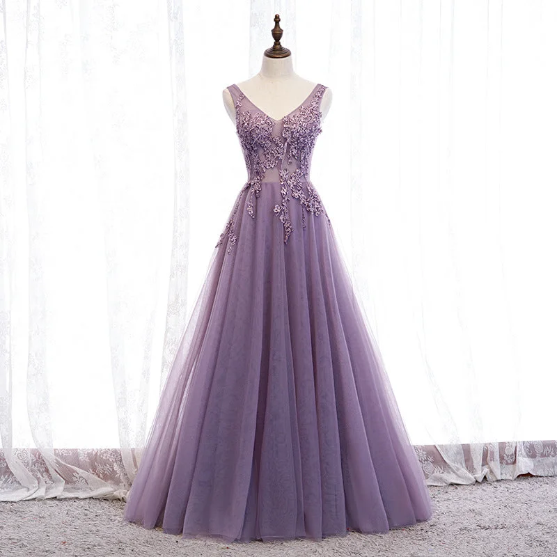 V-neck prom dess,purple party dress,elegant prom dress Tunics Floral girly