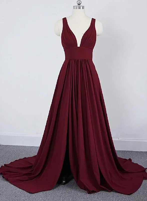 Wine Red Chiffon High Slit Long Party Dress, Charming Long Straps Bridesmaid Dresses Tunics Prom sequined