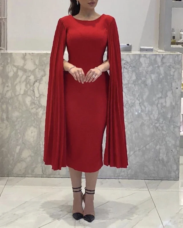 Women's Cape Sleeves Evening Dresses Midi Length High-Low Hemline Casual