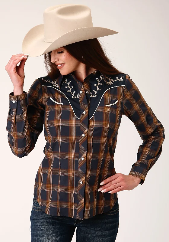 WOMENS LONG SLEEVE SNAP NAVY AND BROWN PLAID WESTERN SHIRT Thin T-Shirt Open Front Quick Dry