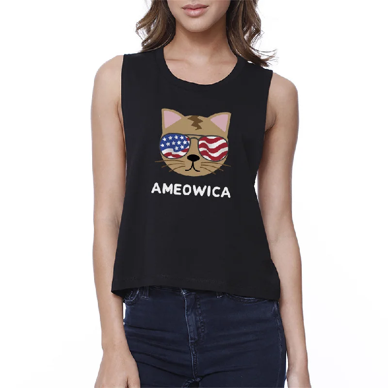 Ameowica Womens Black Sleeveless Crop Tee Gift Ideas For Cat Lovers Collared Crew Neck Turtle Neck