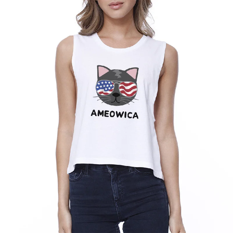 Ameowica Womens White Funny Cat Design Crop Tee For Fourth of July Spandex Blend Rayon Blend Denim Blend