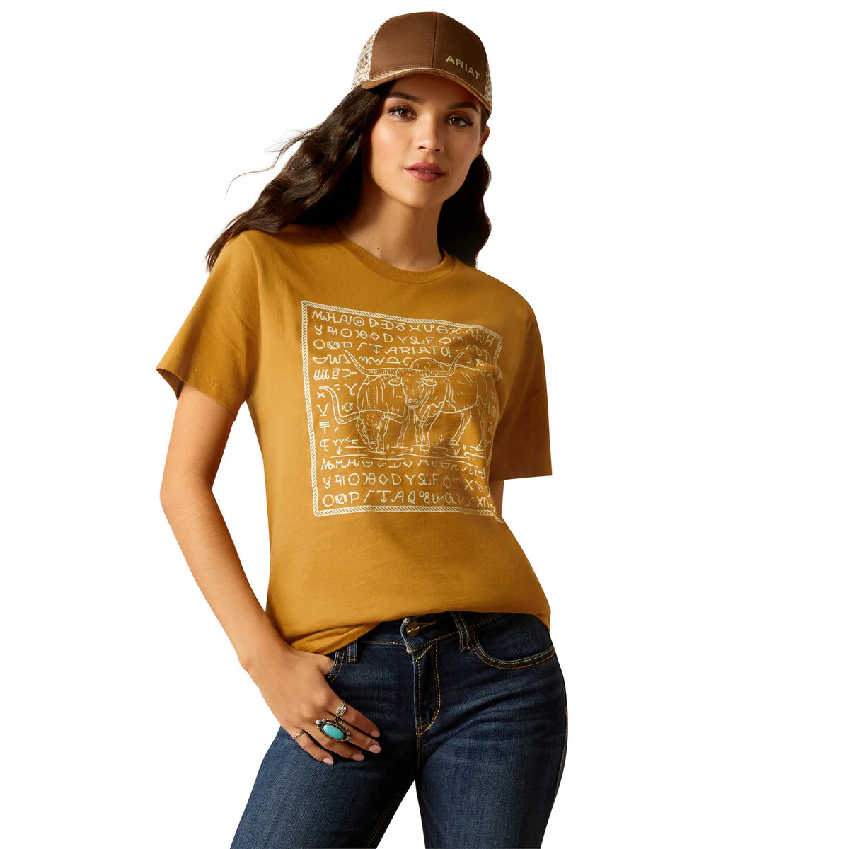 Ariat Wms Longhon Brand SS Tee Harvest Gold Cashmere Blend Cotton Blend Poly Blend