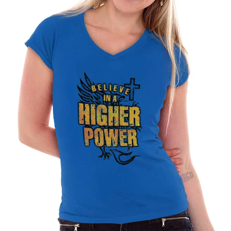 Believe In A Higher Power Junior Fit V-Neck T-Shirt Fleece Fabric Down Fabric Feather Fabric