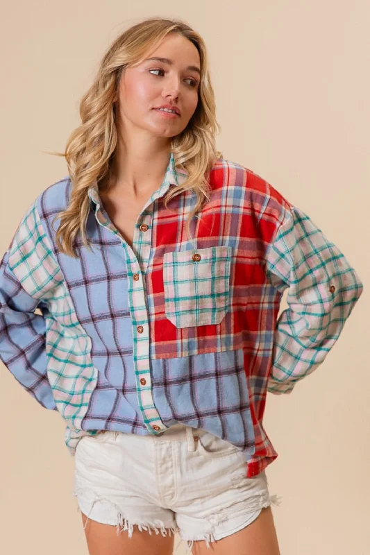 BiBi Color Block Plaid Button Down Shirt Fleece Nylon Spandex