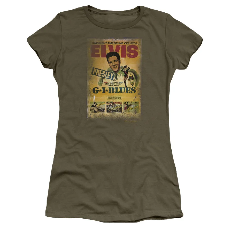 Elvis Presley Gi Blues Poster Junior's 30/1 100% Cotton Cap-Sleeve Sheer T-Shirt Chenille Brocade Lace