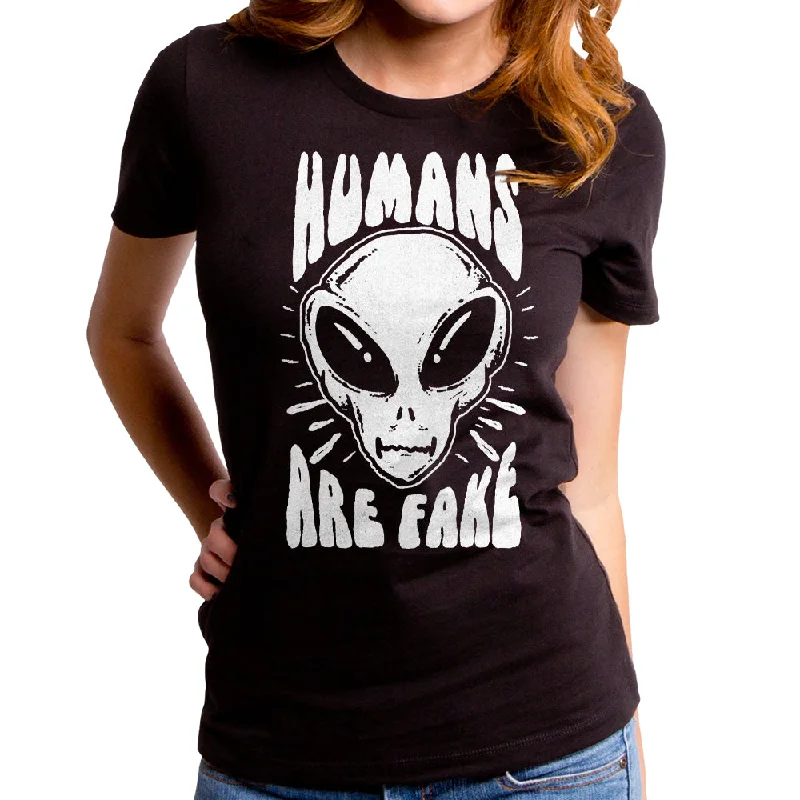 Humans Are Fake Women's T-Shirt Front Pockets Side Pockets Patch Pockets