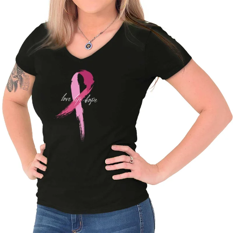 Breast Cancer Awareness Junior Fit V-Neck T Shirt Silk Blend Satin Velvet